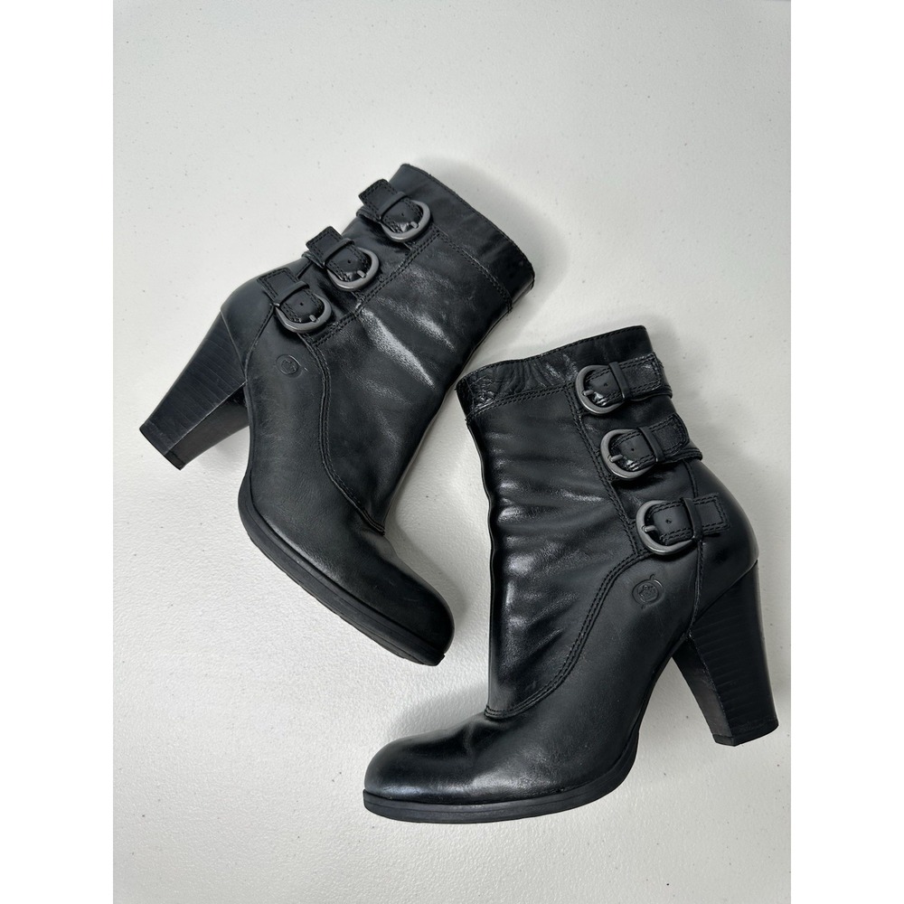 Born Vivi Ankle Boots Leather Size 6.5 Black Moto Biker Buckles Zip Stacked Heel